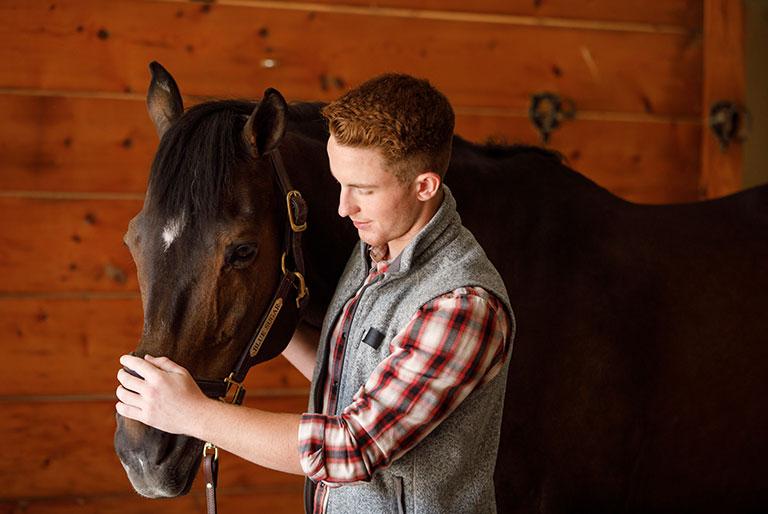 Man petting horse in barn