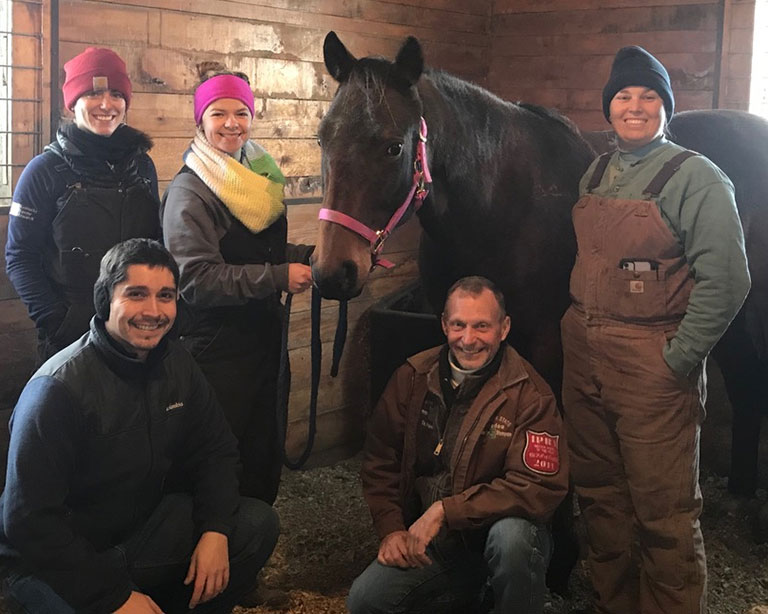 Michigan State University equine team standing with horse in barn