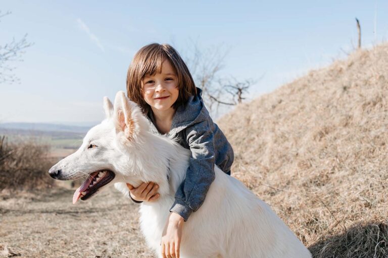 Boy hugging White German Shepherd