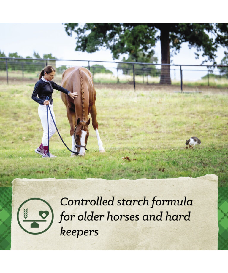 woman with horse in pasture promoting Nutrena SafeChoice senior horse feed, a controlled starch formula for hard keepers and older horses