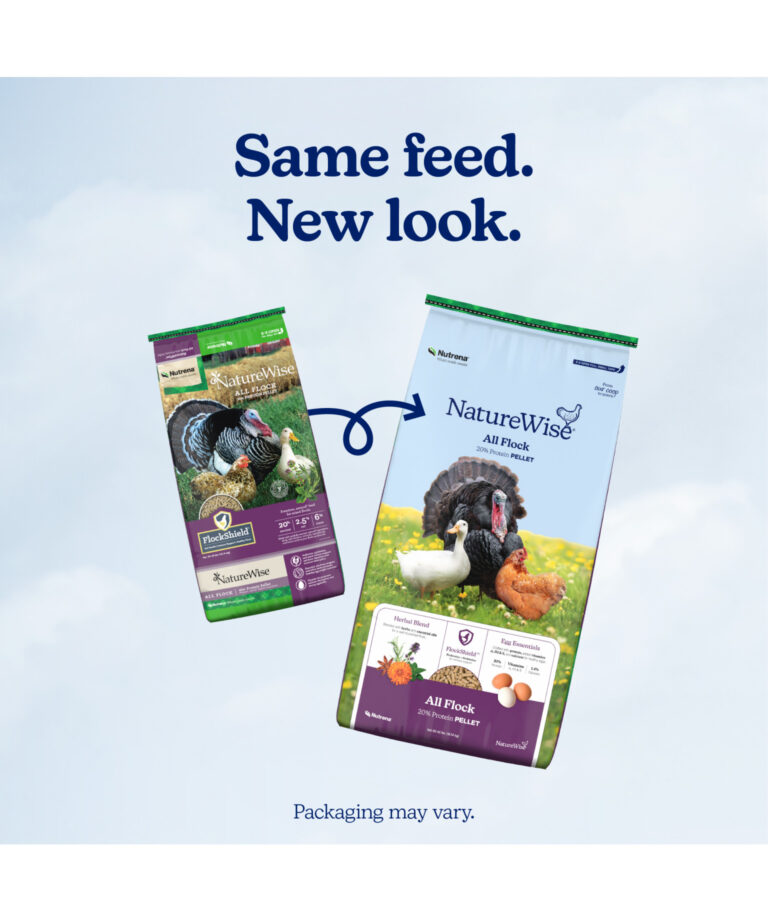 NatureWise All Flock 20% Pellet new bag vs old bag – same complete nutrition for mixed flocks, refreshed look.