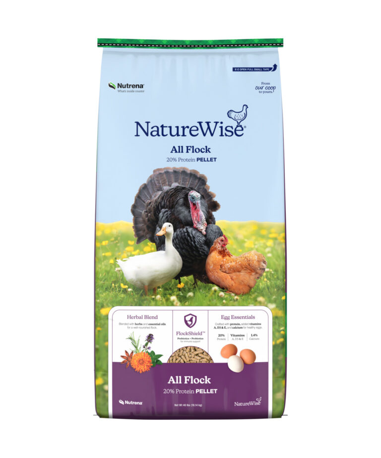 NatureWise All Flock 20% Protein Pellet feed bag with herbal blend and FlockShield for mixed poultry flocks.
