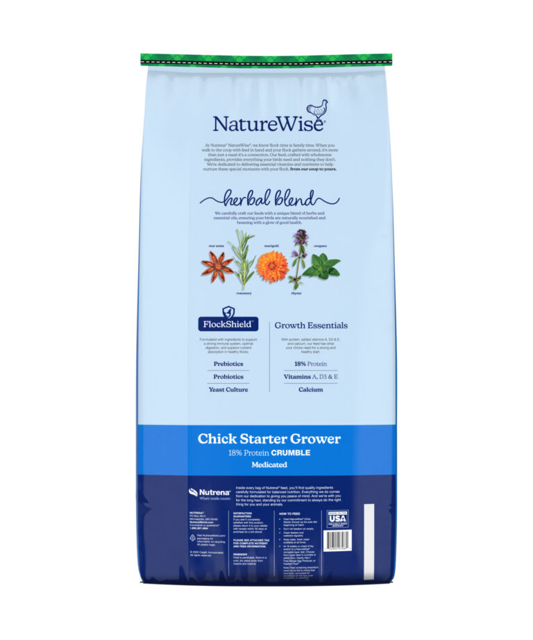 Back of NatureWise Chick Starter Grower Medicated feed showing herbal blend, FlockShield, and growth essentials for a strong start and coccidiosis prevention.