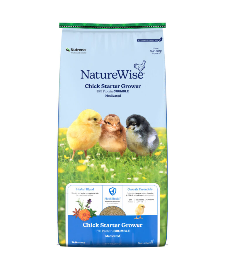 NatureWise Chick Starter Grower Medicated 18% Protein Crumble feed bag with herbal blend, FlockShield, and growth essentials for chicks.