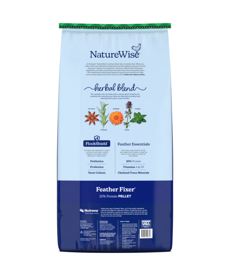 Back of NatureWise Feather Fixer feed showing herbal blend, FlockShield, and feather essentials for optimal feather regrowth.