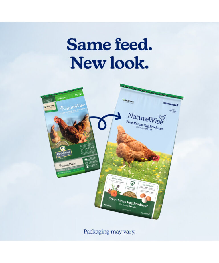 NatureWise Free-Range Egg Producer new bag vs old bag – same nutrition for free-range hens, refreshed look.