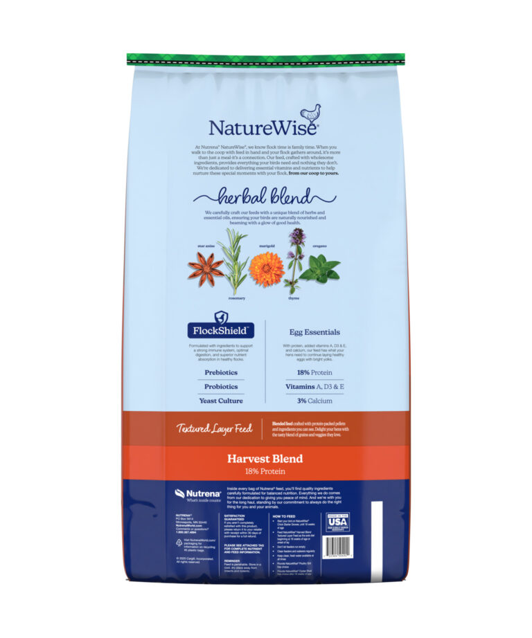 Back of NatureWise Harvest Blend feed showing herbal blend, FlockShield, and egg essentials for premium egg production.