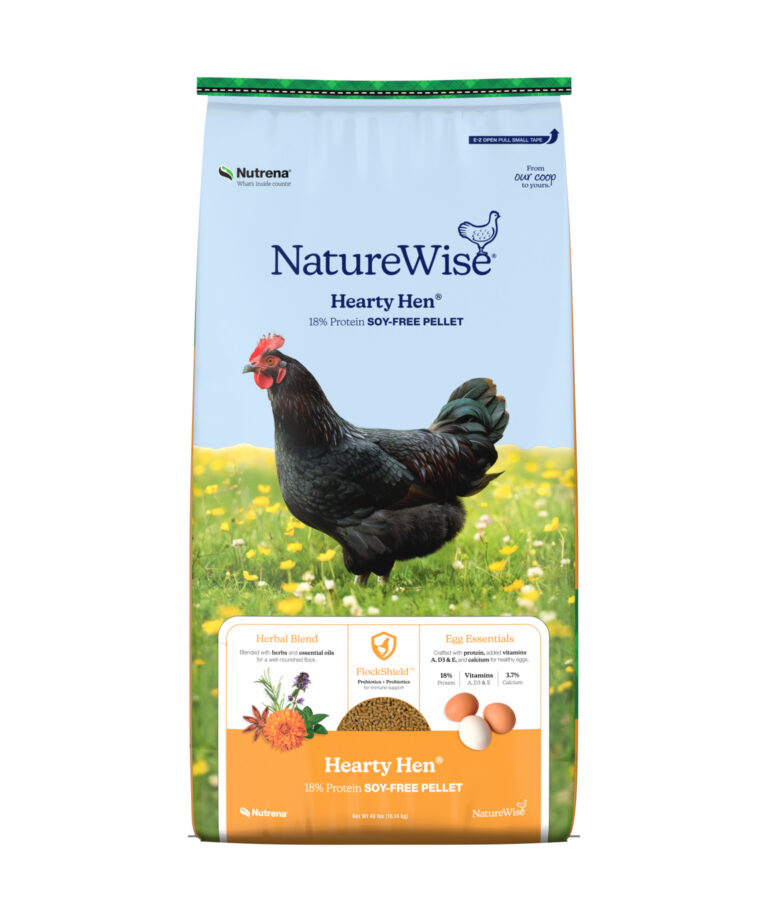 NatureWise Hearty Hen 18% Protein Soy-Free Pellet feed bag with herbal blend, FlockShield, and Omega-3 for healthy eggs.