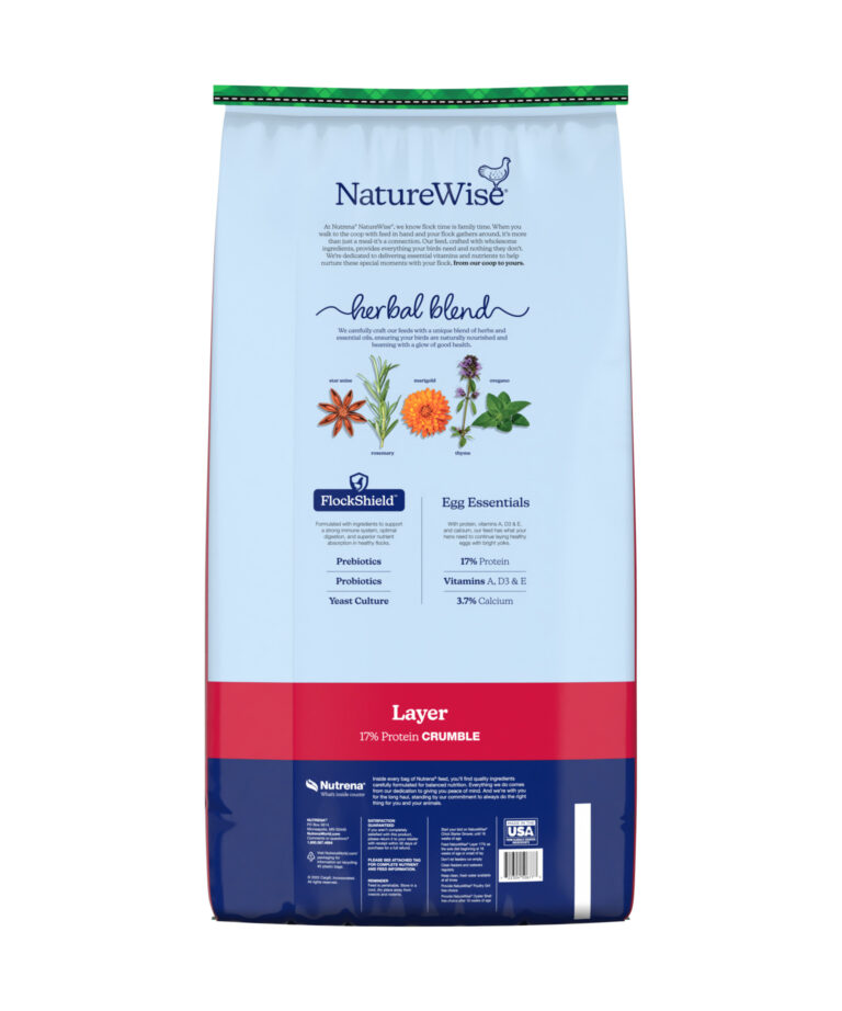 Back of NatureWise Layer Crumble feed showing herbal blend, FlockShield, and egg essentials for strong eggshells and golden yolks.
