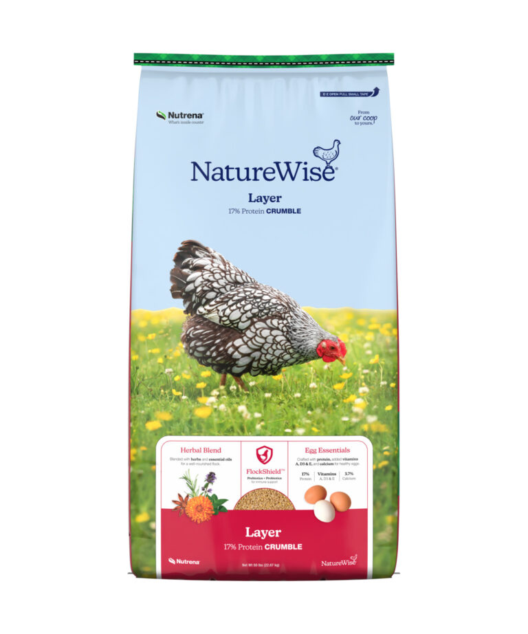 NatureWise Layer 17% Protein Crumble feed bag with herbal blend, FlockShield, and egg essentials for laying hens.