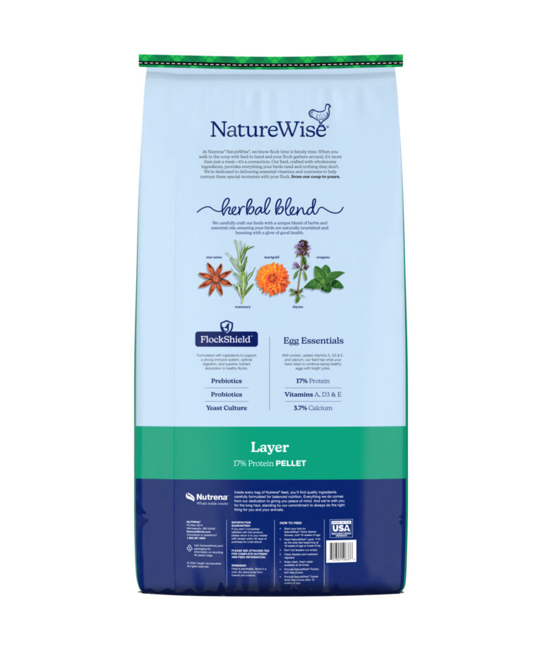 Back of NatureWise Layer Pellet feed showing herbal blend, FlockShield, and egg essentials for strong eggshells and golden yolks.