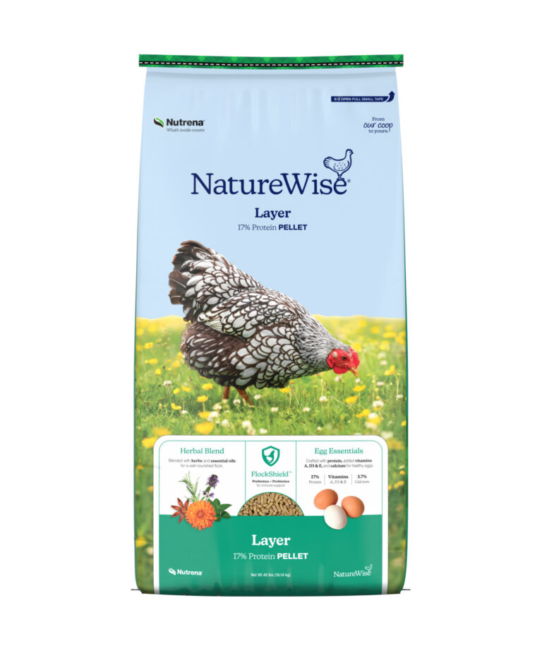 NatureWise Layer 17% Protein Pellet feed bag with herbal blend, FlockShield, and egg essentials for laying hens.