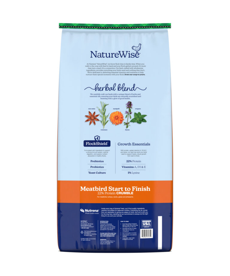 Back of NatureWise Meatbird feed showing herbal blend, FlockShield, and growth essentials for robust growth from start to finish.