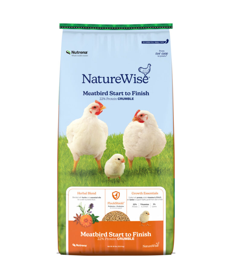 NatureWise Meatbird Start to Finish 22% Protein Crumble feed bag with herbal blend, FlockShield, and growth essentials for meatbirds.