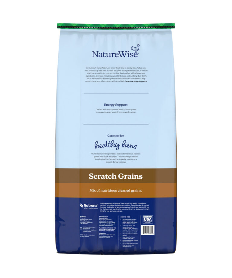 Back of NatureWise Scratch Grains bag showing energy support and natural foraging benefits.