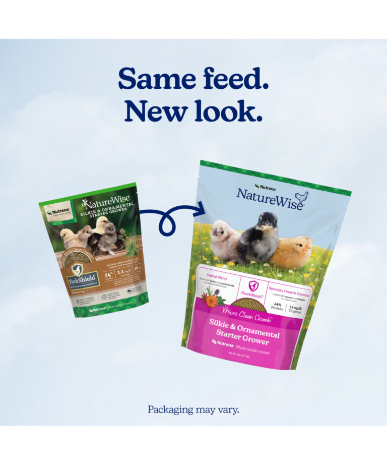 NatureWise Silkie & Ornamental Starter Grower Micro Clean Crumb new bag vs old bag – same specialty chick nutrition, new look.