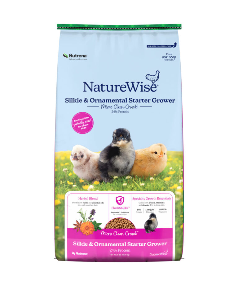 NatureWise Silkie & Ornamental Starter Grower Micro Clean Crumb 24% Protein feed bag with herbal blend and FlockShield for specialty chicks.