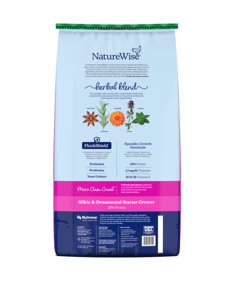 Back of NatureWise Silkie & Ornamental Starter Grower feed showing herbal blend, FlockShield, and specialty growth essentials for ornamental chicks.