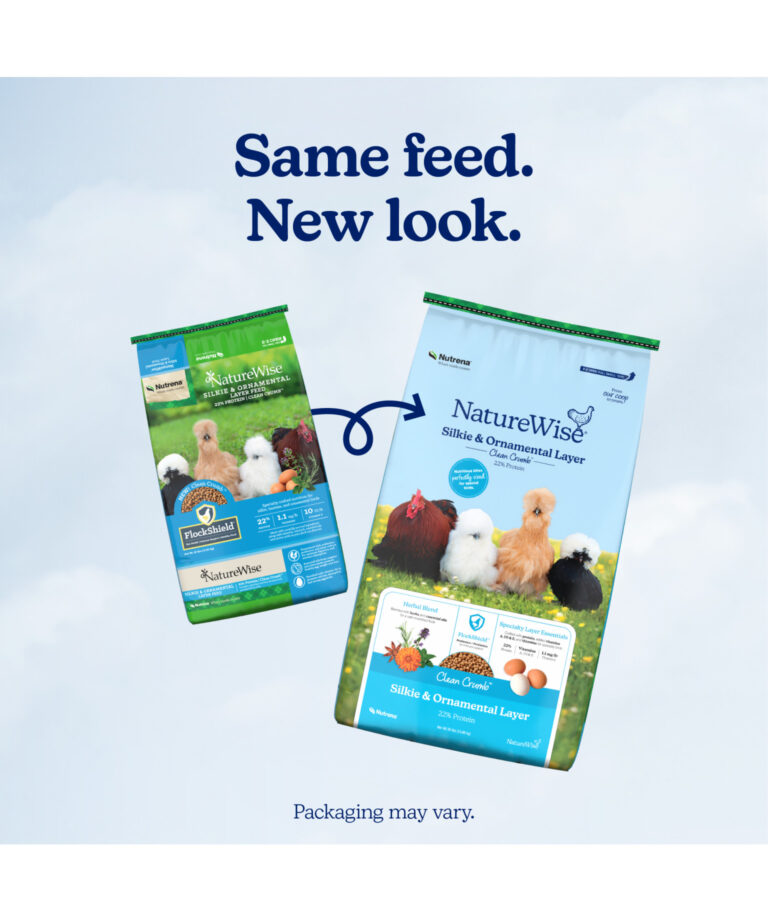 NatureWise Silkie & Ornamental Layer Clean Crumb new bag vs old bag – same specialty nutrition, refreshed look.