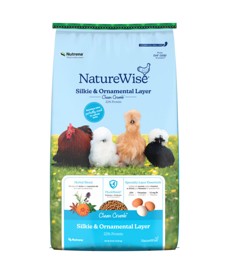 NatureWise Silkie & Ornamental Layer Clean Crumb 22% Protein feed bag with herbal blend and FlockShield for specialty breeds.